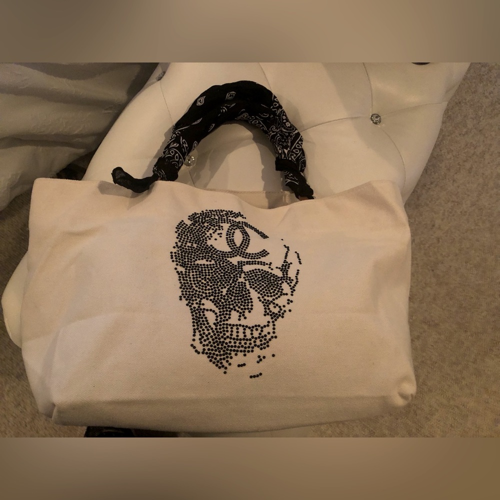 Canvas Tote Black Rhinestone Skull Black and white bandanna Straps